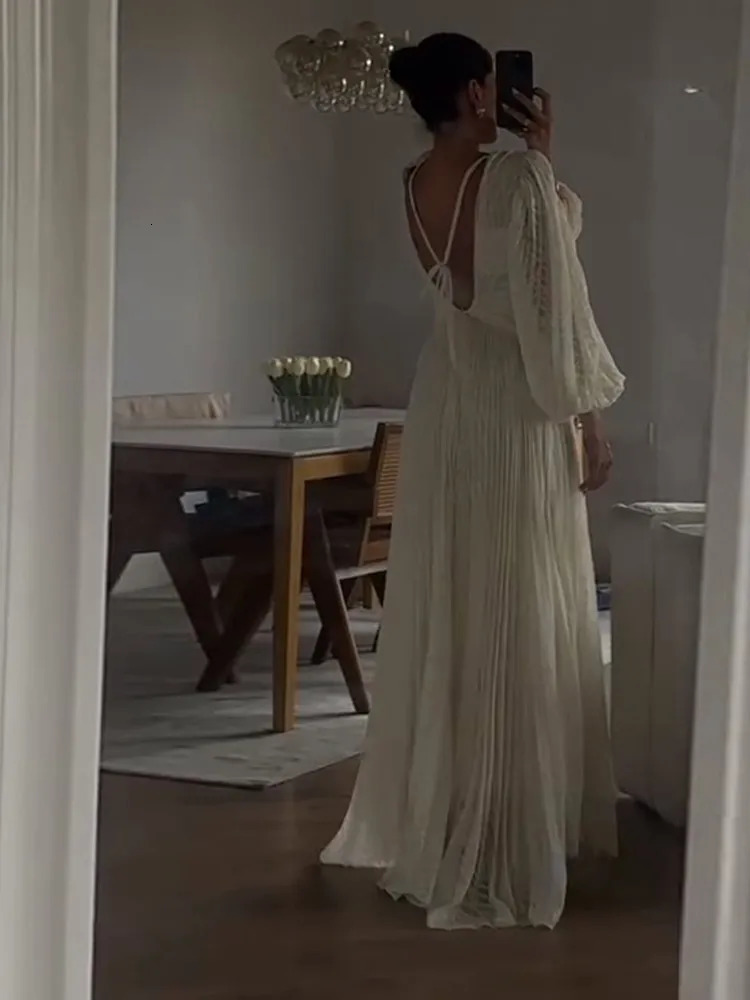 Elegant Pleated Long Dress Women V-neck Bubble Sleeve Backless Lace Up Slim Waist Dresses Autumn Lady Holiday Party Robe 250805