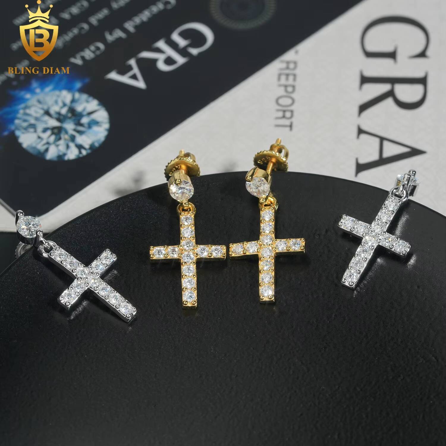 Fashion Jewelry 925 Sterling Silver Gold Plated Vvs1 Moissanite Iced Out Cross Long Earrings Handmade Wholesale Collection