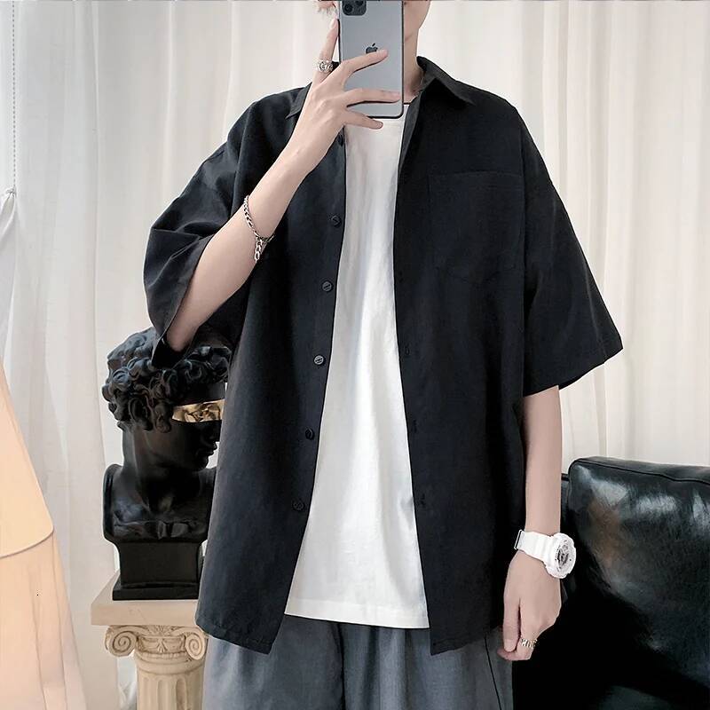 2025 Summer Half-Sleeved Solid Color Fashion Office Shirts Male Casual Loose Button Pocket Shirt Men Clothing ddmymarket