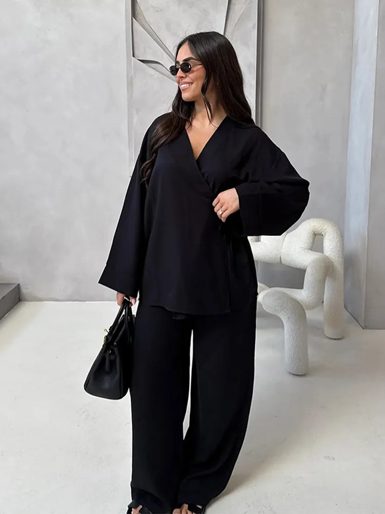 Womens Summer Fashion Linen Solid Shirt Set Belted Cardigan Kimono Top High Waist Womens Wide Leg Pants 2-piece 2025 250811