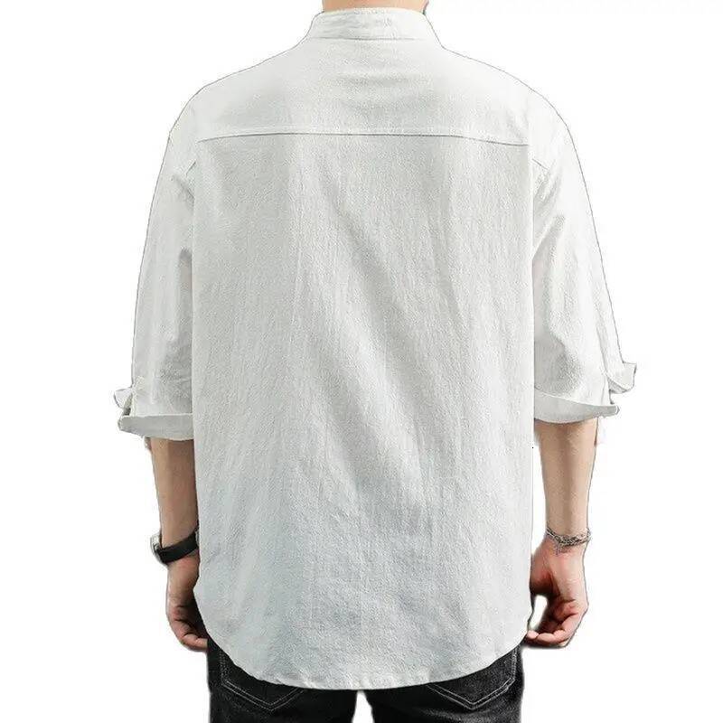 Solid Colors Long Shirts Chinese Style Wear Stand Collar Loose 100% Cotton White Black Short Sleeve Shirt M-5Xl ddmymarket