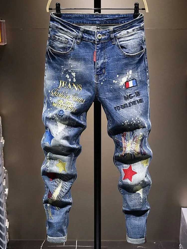 2024 Spring and Autumn Fashion Trend Printed Straight Leg Stretch Jeans Mens Casual Relaxed Breathable High-Quality Trousers X250812