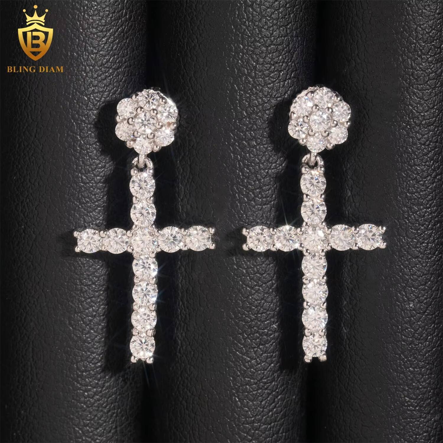 Pass Diamond Tester Hip Hop Gold Plated VVS Moissanite 925 Sterling Silver Cross Earrings