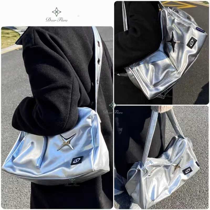 Y2k Tote Bag Korean Vintage Shoulder Bag Aesthetic Women Crossbody Travel Zip Casual Handbag Fashion Ladies Silver Big Bags Z250812