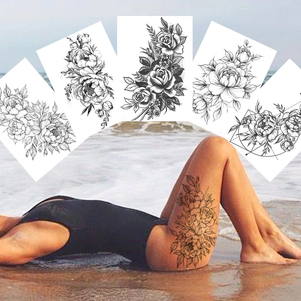 Sexy Flower Temporary Tattoos For Women Body Art Painting Arm Legs Sticker Realistic Black Rose Waterproof 250809