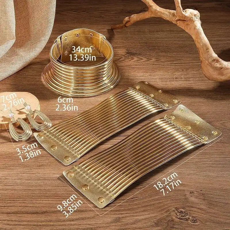 5pcs African Statement Jewelry Set Trendy Golded Leather Choker Neck Necklace Bracelet Earrings For Women Party Accessories 250811