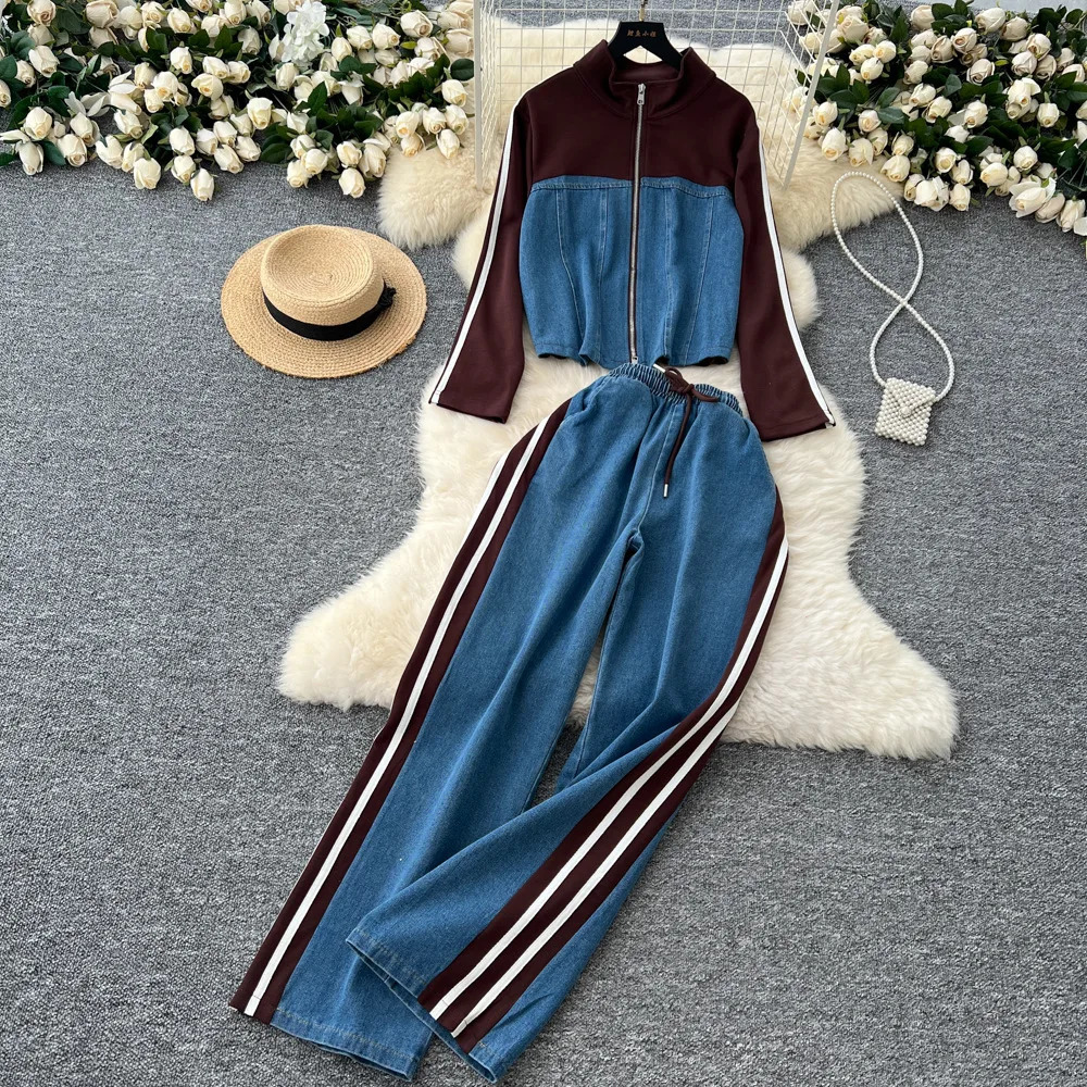 Denim Pant Set Women Two Piece Sets Autumn Matching Sets Zipper Coats Wide Leg Long Pants High Waist Y2k Streetwear Shirt Work 250808
