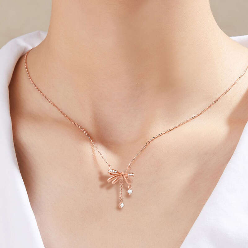 Butterfly Pendant Necklace for Women - 925 Sterling Silver Zircon Drop Choker, Dainty Bow Collarbone Chain