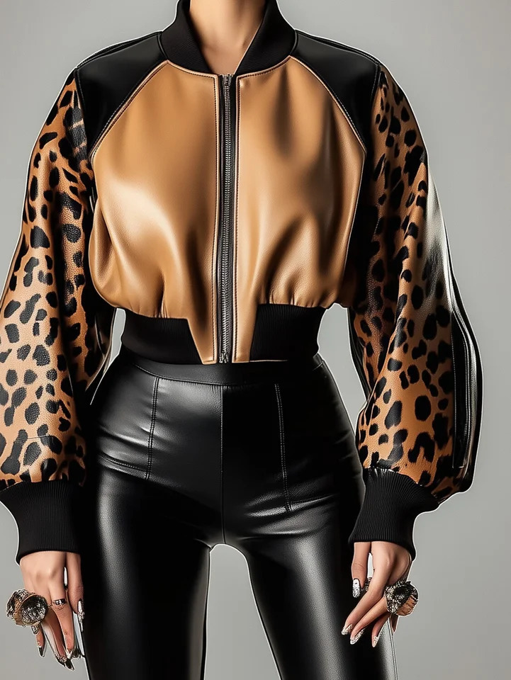 Womens PU Leather Jacket Leopard Print Patchwork Lantern Sleeve Coat Zippers Female Spring Autumn O Neck Short Baseball Jacket 250811