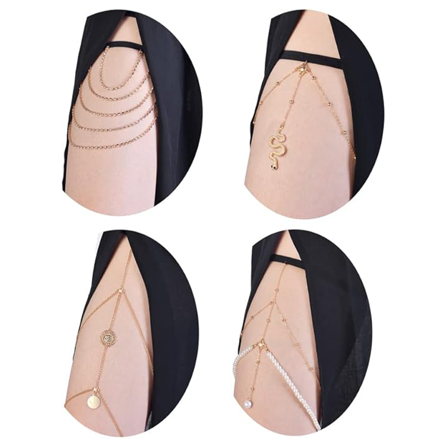4Pcs Sexy Body Chain Belly Waist Chain Thigh Chain Summer Beach Bikini Bra Body Jewelry for Women Gold Tone