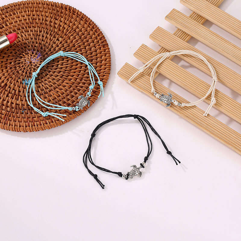 New Hemp Rope Handwoven Antique Silver Turtle Beach Anklet