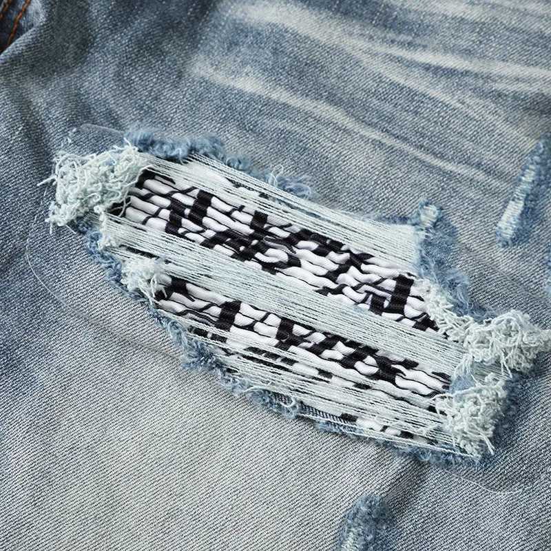 High Street Fashion Men Jeans Retro Washed Blue Stretch Skinny Fit Printed Patched Ripped Jeans Men Brand Designer Hip Hop Pants X250812