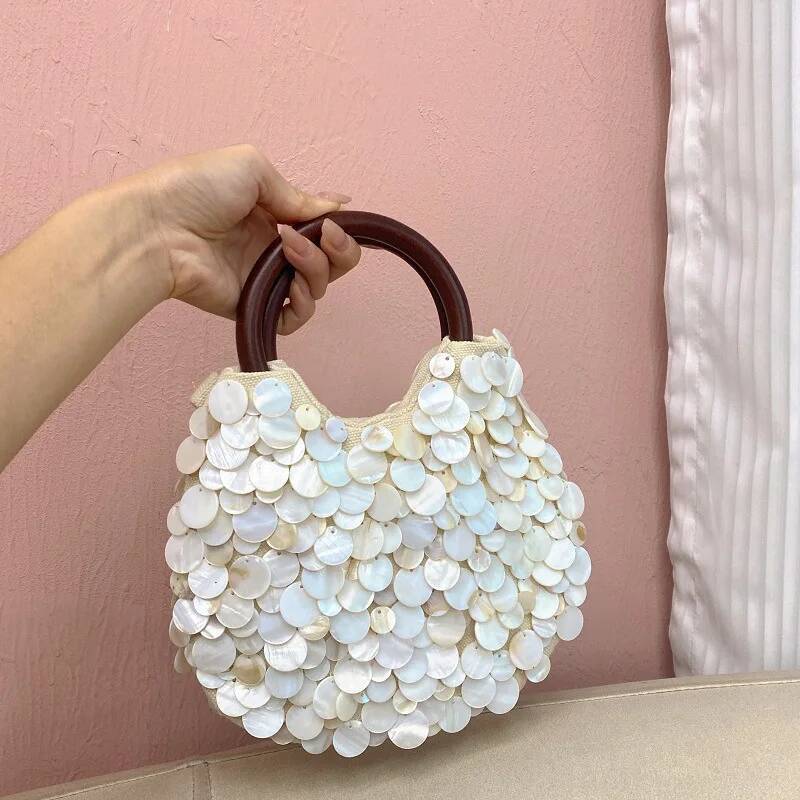 Sequin Internal Zipper Chain Crossbody Shoulder Bag,Shell Wooden Circular Handle Handbag,Women Beach Travel Tote Bag