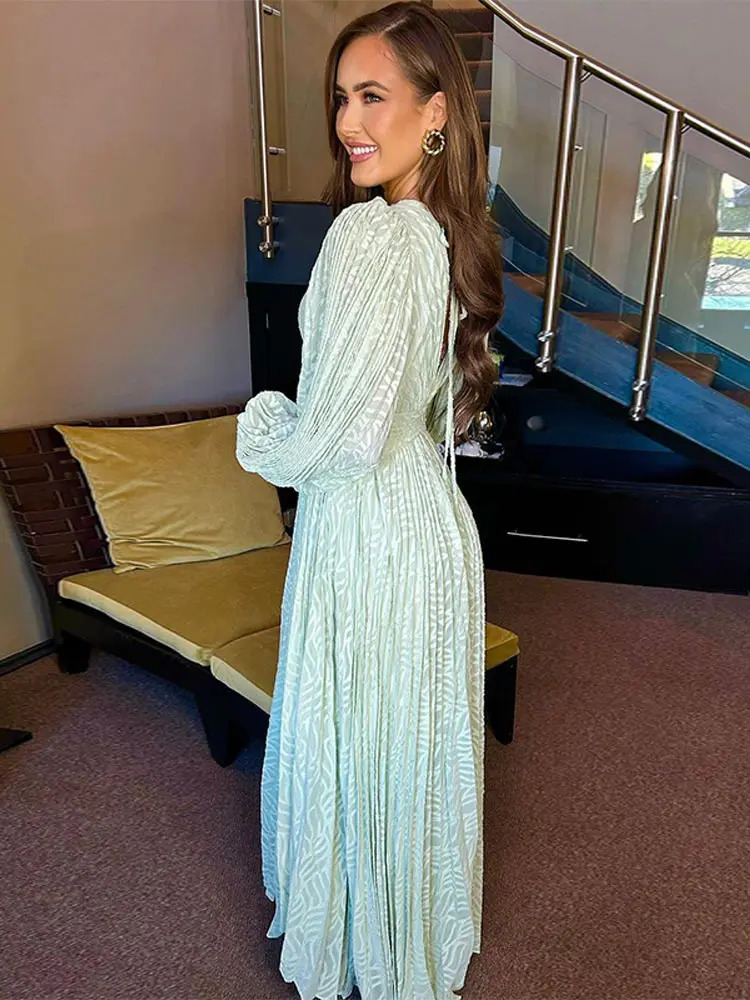 Elegant Pleated Long Dress Women V-neck Bubble Sleeve Backless Lace Up Slim Waist Dresses Autumn Lady Holiday Party Robe 250805