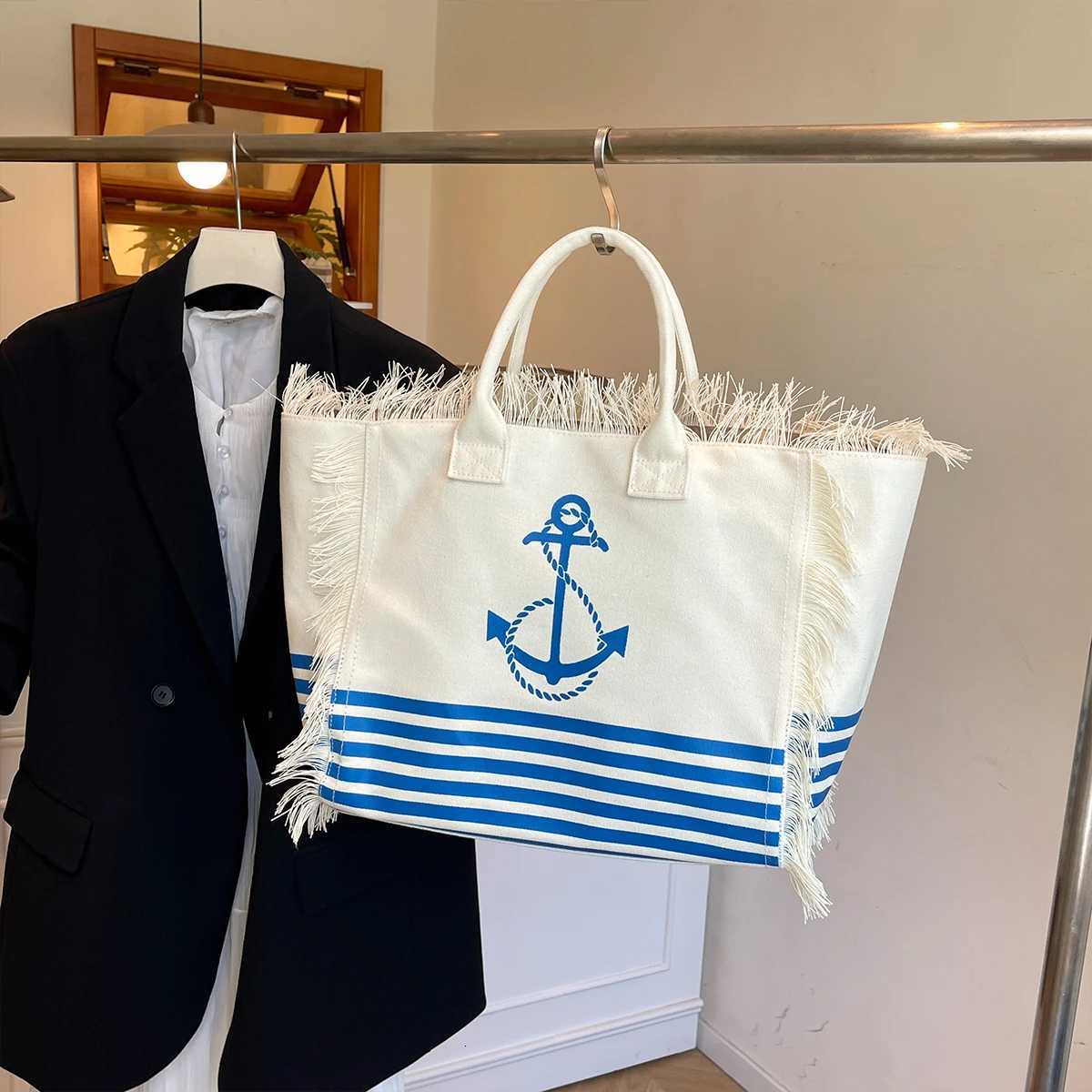 Womens Nautical Tote Bag Anchor Print Striped Design Fringe Trim Large Capacity Open Top Shoulder Bag Lightweight Polyester Z250812