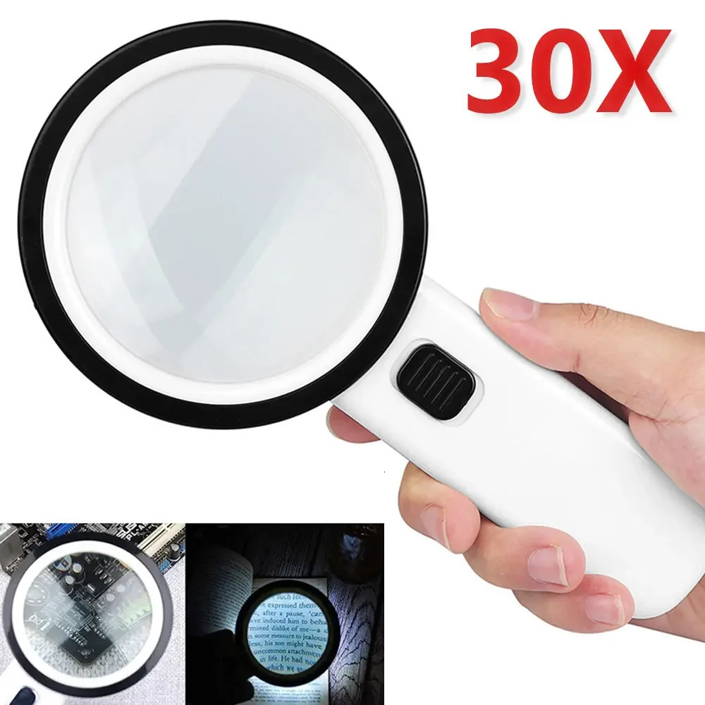 30X Handheld Illuminated Magnifying Glass with 12 LED Lights Reading Magnifier for Seniors Coins Insect Inspection Jewelry Loupe 250804
