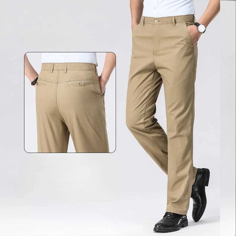 New Cotton Suit Pants Men Business Casual Clothing Classic Straight Loose High Waist Elastic Dress Trousers Male Brand Clothes W250812
