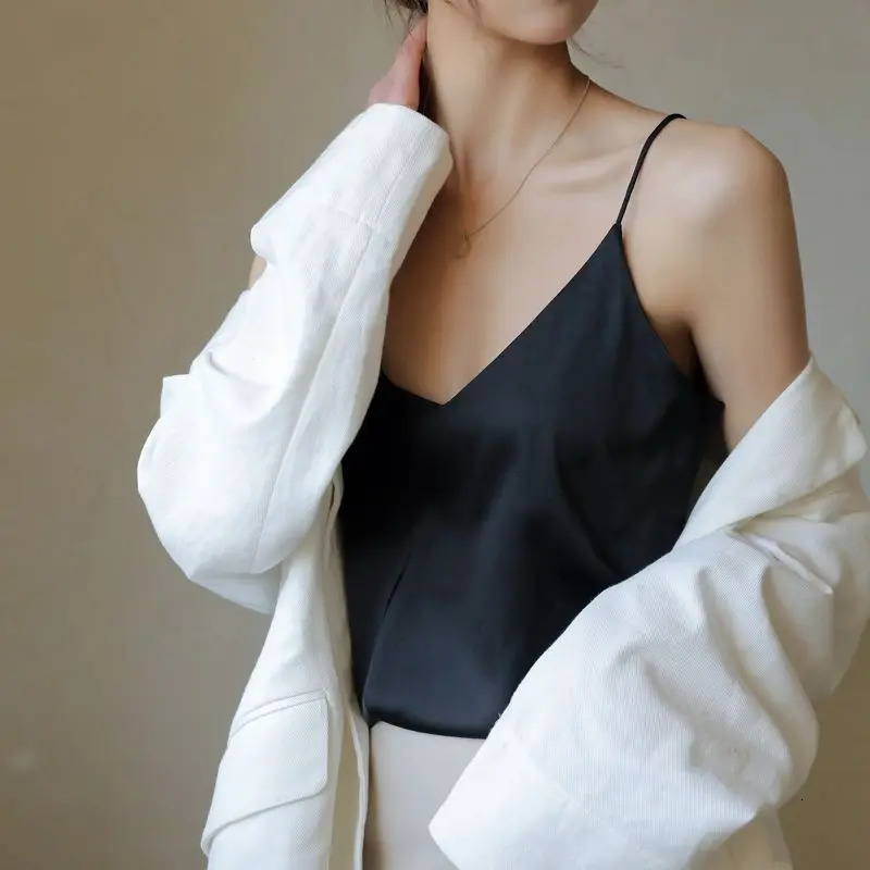 Spaghetti Strap Top Women Halter V Neck Basic White Cami Sleeveless Satin Silk 2025 Tank TopS Summer Camisole 250804
