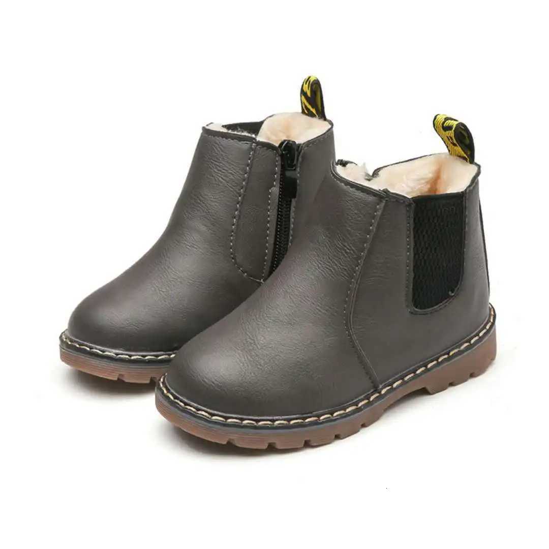 New Childrens Outdoor PU Leather Boots Boys Girls Winter Autumn Casual Warm Snow Boots Kids Round Toe Flat Boots Fashion Shoes XJ250812