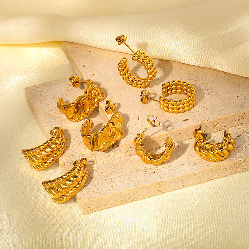 Gold Stainless Titanium Steel C-Shaped Irregular Metal Ball Splicing Lava Texture Wrinkle Earrings Studs Ear Jewelry