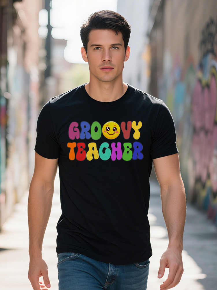 S Groovy Teacher Graphic Tee Casual Black T Shirt With Colorful Print Round Neck Perfect Gift For Men Podking