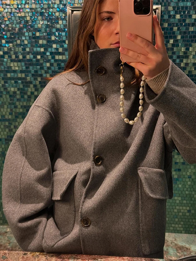Casual Solid Women Woolen Coats Chic Short Long Sleeve Stand Collar Female Coat Autumn Winter Urban Lady Street Jacket 250809