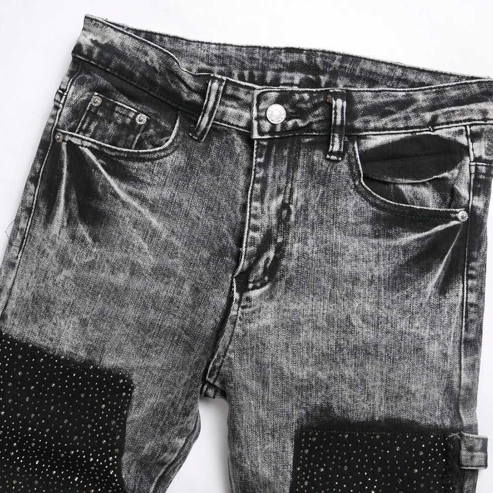 Men Crystal Patch Denim Jeans Streetwear Slim Straight Pants Gray Black Stretch Cotton Trousers X250812
