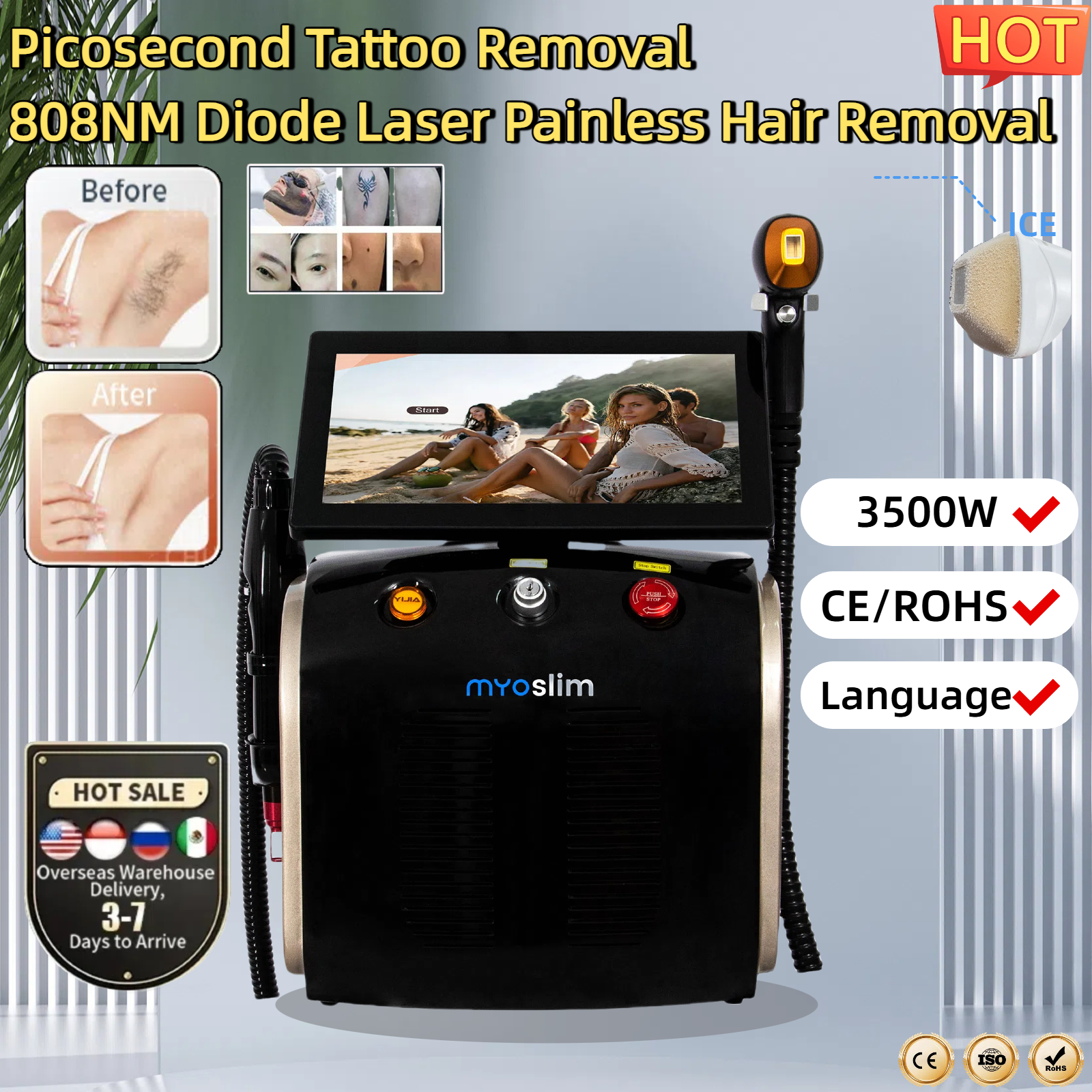 2025 Upgrade 3500W 2 Handles 808nm Laser for Full Body Painless Hair Removal + Picosecond for Tattoo - Whitening & Rejuvenation