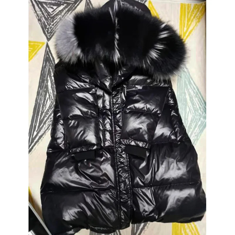 Maomaokong Women Winter Black Loose Long Down Jacket Fox Fur Collar Hooded Fashion Waterproof Female Extra Large Coat 250806