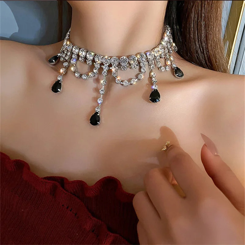 FYUAN Black Water Drop Crystal Choker Necklaces for Women Long Tassel Rhinestones Necklaces Statement Jewelry 250807