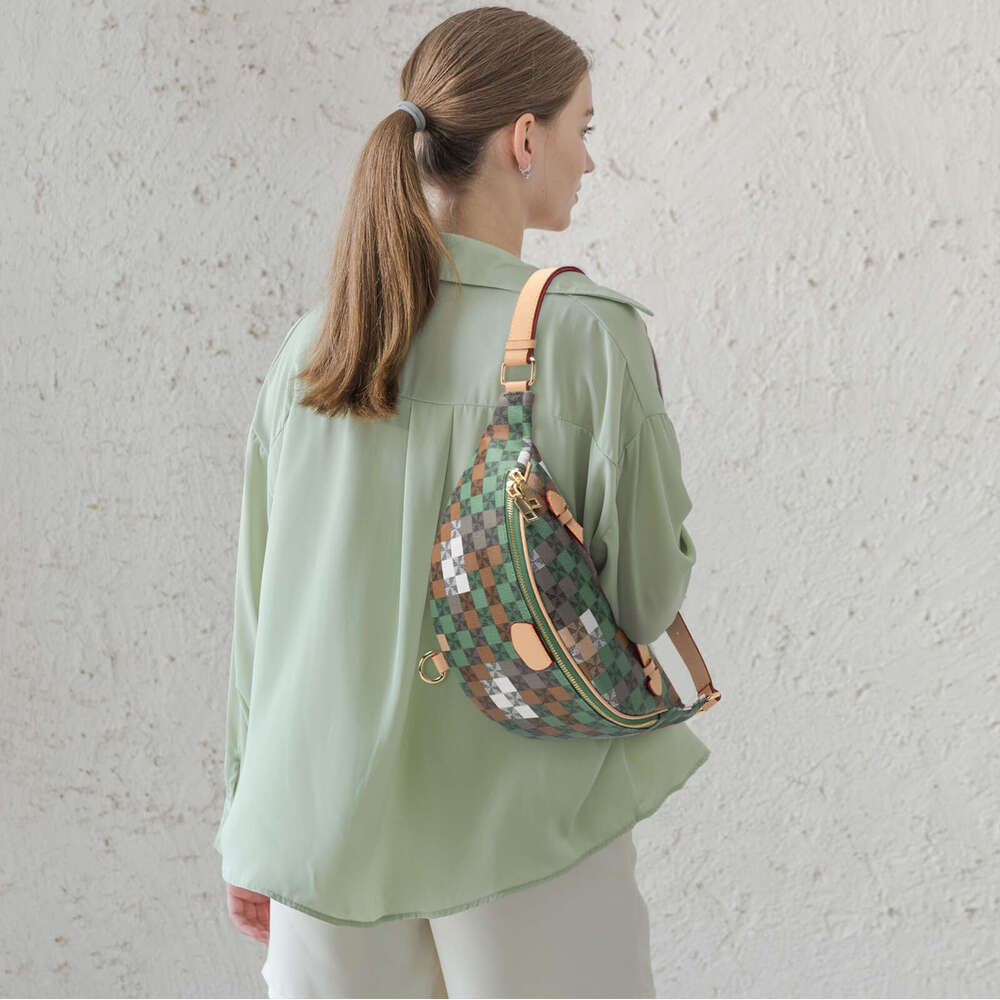 Lacel Urwebin Vintage Checkered Plaid Fanny Pack for Women, Green Brown PU Leather Waist Bag with Adjustable Strap, Fashion Crossbody