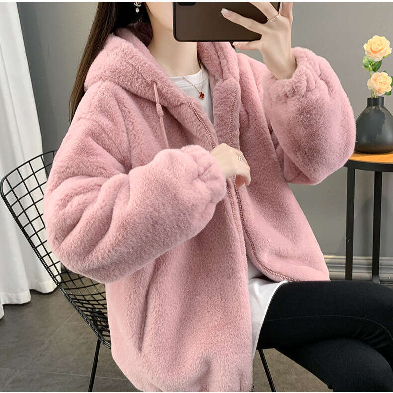 Imitation Lazy Rabbit Fur Fur Women's Medium to Long Loose Thick Lamb Fur Coat Hooded Fur Plush Coat