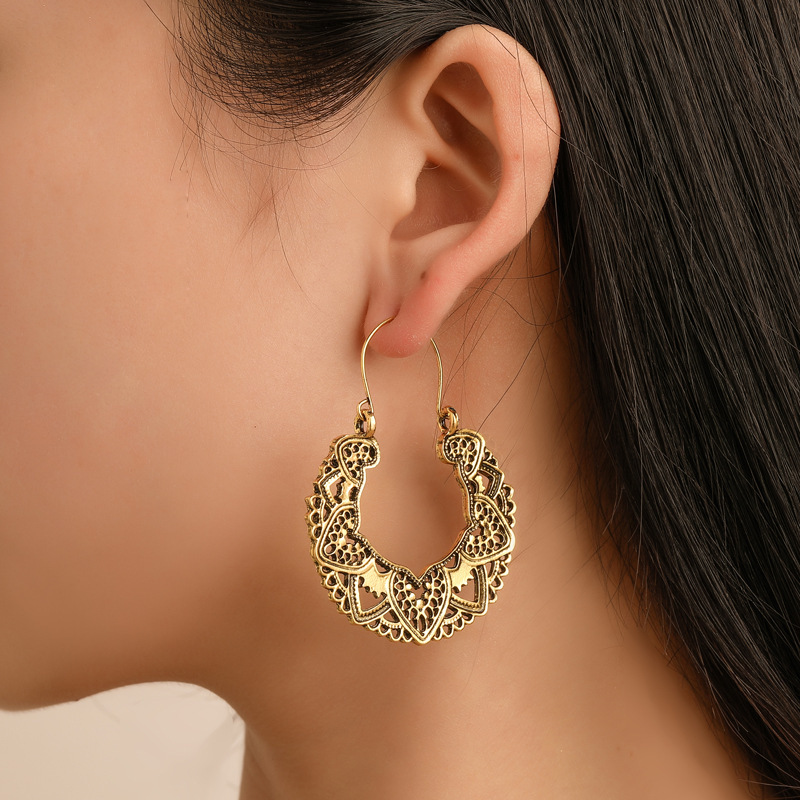 Ethnic Style Fan-Shaped Hollow Earrings For Women, Totem Earrings, Fashionable Alloy Accessories