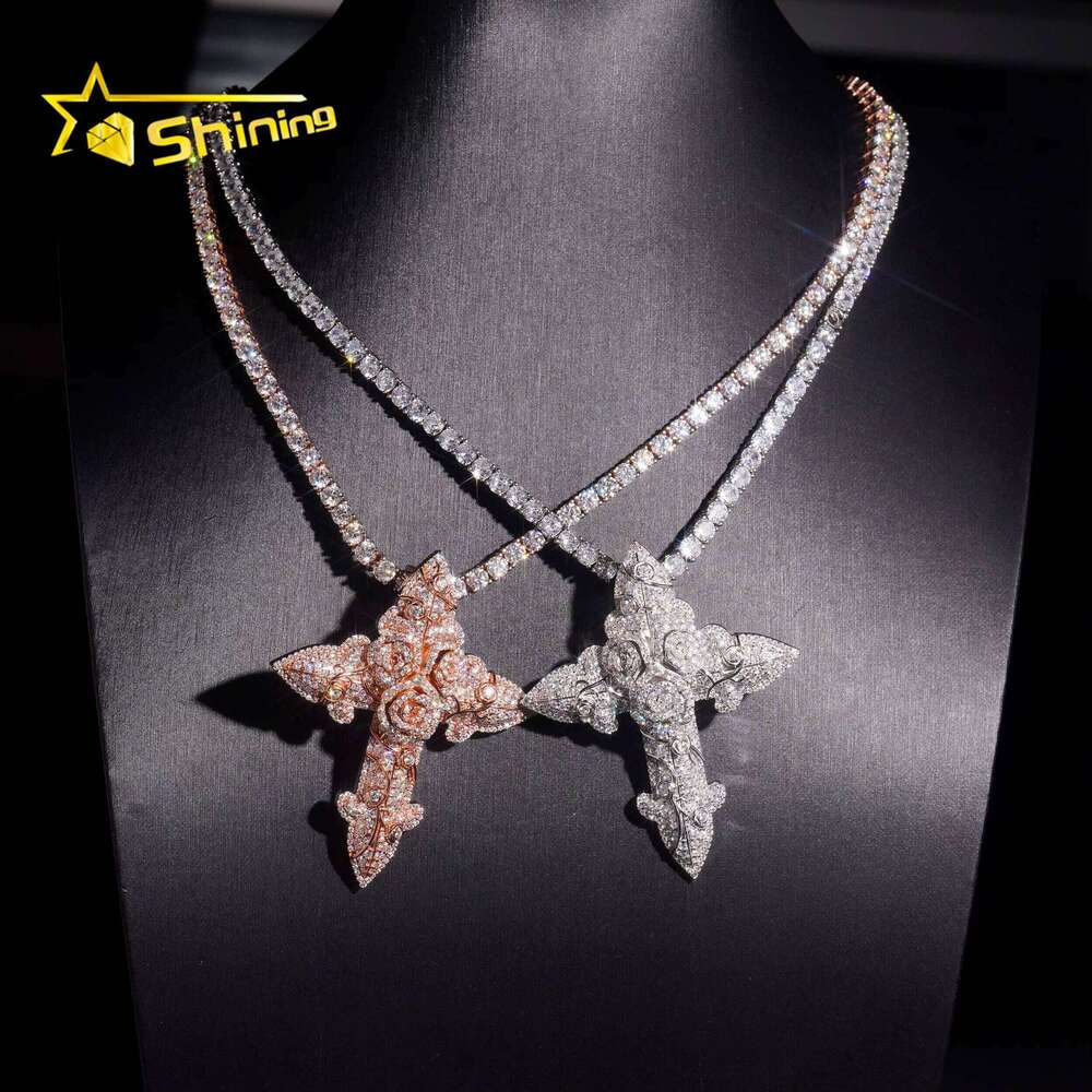 Hip Hop Rose Cross Sterling Sier Gold Plated Moissanite Iced Out Dia Charm Pendant