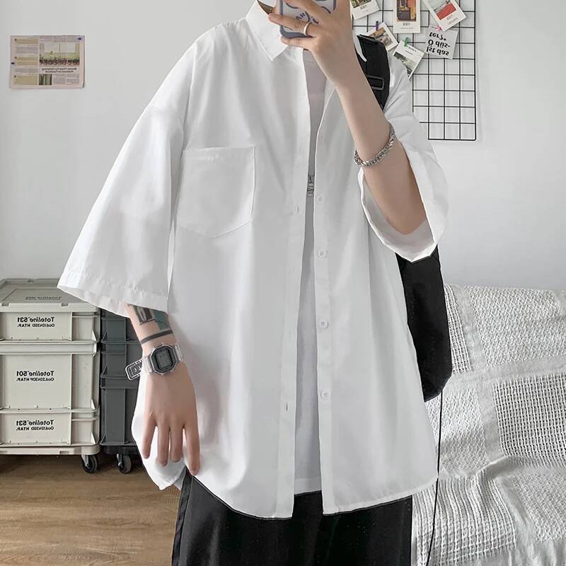 2025 Summer Half-Sleeved Solid Color Fashion Office Shirts Male Casual Loose Button Pocket Shirt Men Clothing ddmymarket