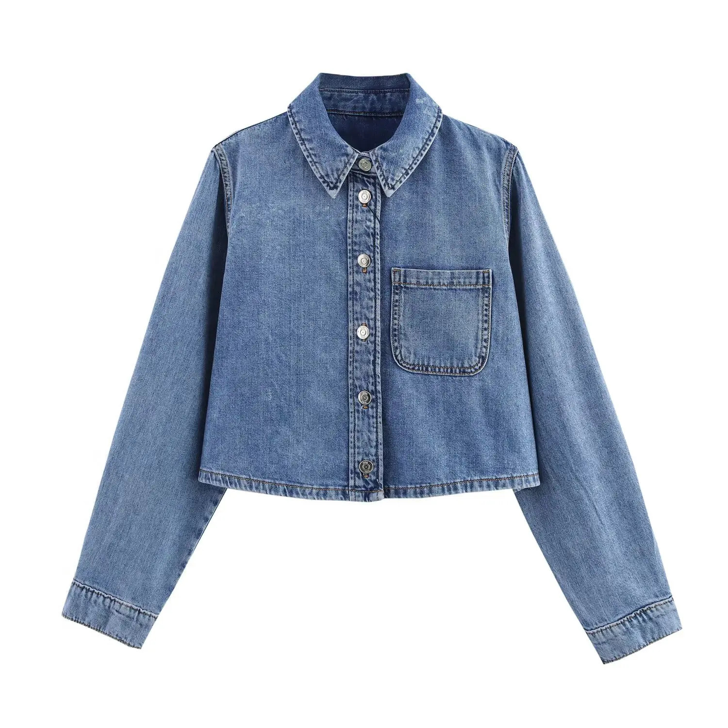 PB ZA Womens Long - sleeved Collared Button - down Cropped Denim Jacket and Drawstring - waist Denim Pants Set for Summer 250808