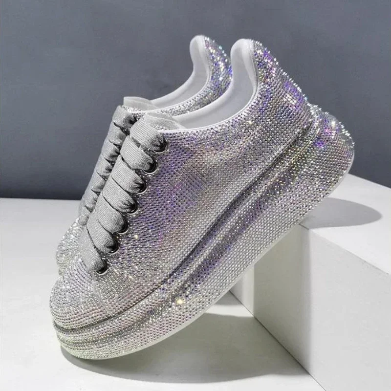 Autumn Leather Luxury Women Shoes New Style Fashion Pink Platform Shoes Ins Platforms Sneakers Tide Shine Bling Rhinestone Shoes Designer Casual Flat 