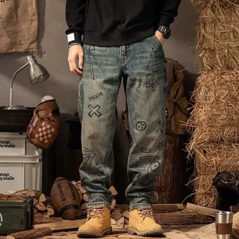 Autumn and Spring Fashion Trend Printed American Vintage Straight Leg Jeans Mens Loose Sports Plus Size High-End Denim Pants X250812