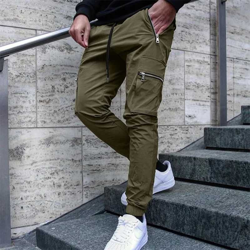 Mens Casual Drawstring Overalls Spring Autumn Fashion Personality Zipper Pocket Small Foot Pencil Pants Long Trousers X250812