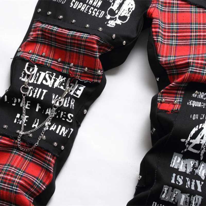 2025 Korean Fashion Red Plaid Patchwork Punk Rivet Men Slim Jeans Trousers Skull Letters Print Hip Hop Chain Denim Pants X250812