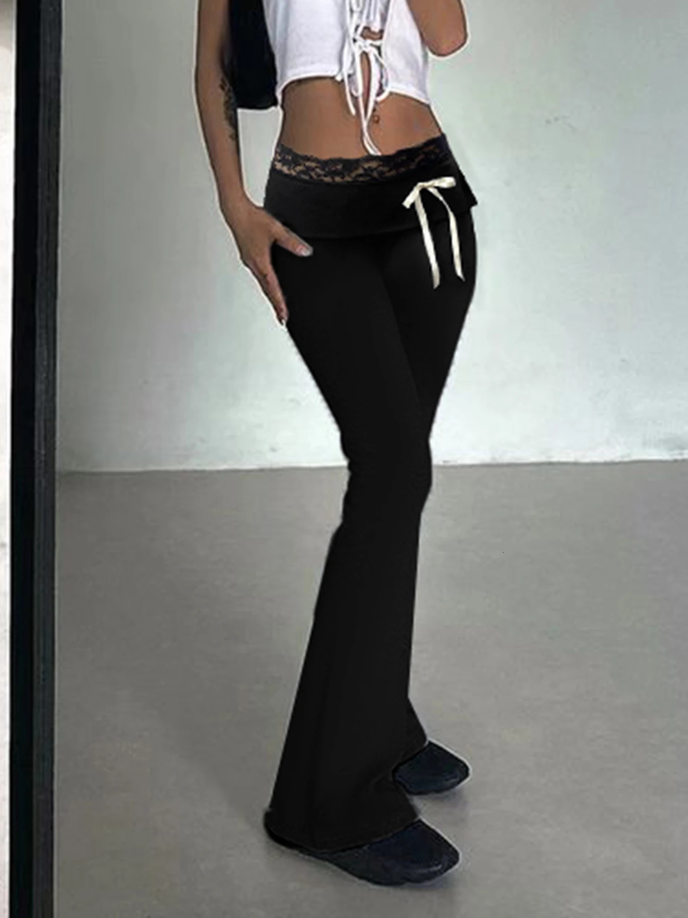 Cuteandpsycho Lace Patchwork Bow Straight Pants Y2K Fashion Aesthetic Cute Trousers Harajuku Streetwear Joggers 2000s Bottoms 250811