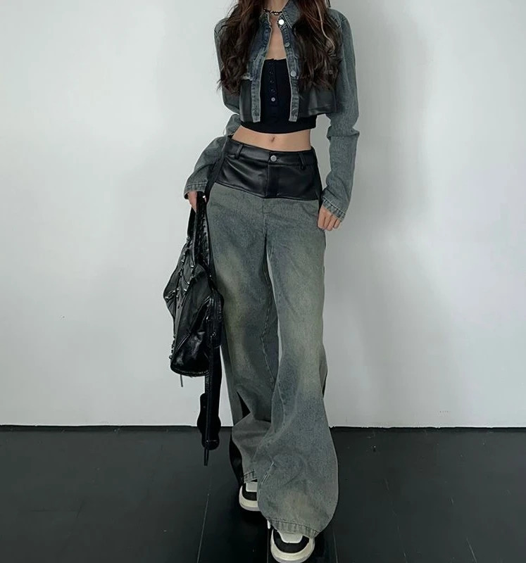 Fashionable Suit Retro Leather Splicing Denim Long Sleeveds Jackets Simple Casual Y2K Womens Street Wide Leg Jeans Two Piece Set 250808