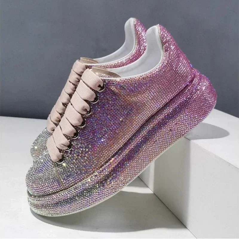 Autumn Leather Luxury Women Shoes New Style Fashion Pink Platform Shoes Ins Platforms Sneakers Tide Shine Bling Rhinestone Shoes Designer Casual Flat 