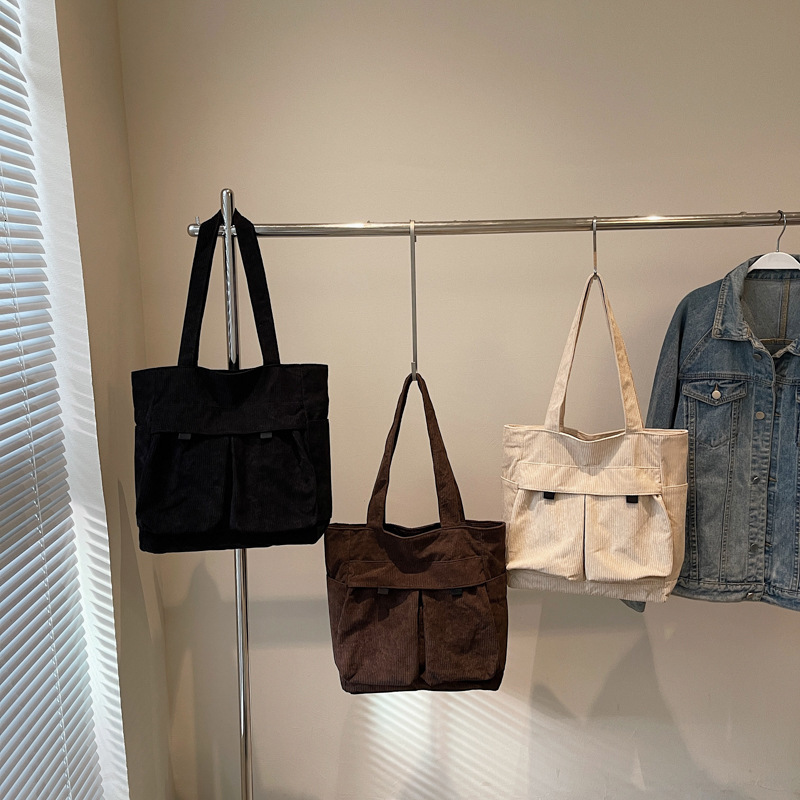 Casual Large Capacity Single Shoulder Corduroy Commuting College Student Class Tote Bag Korean Style Artistic Handbag