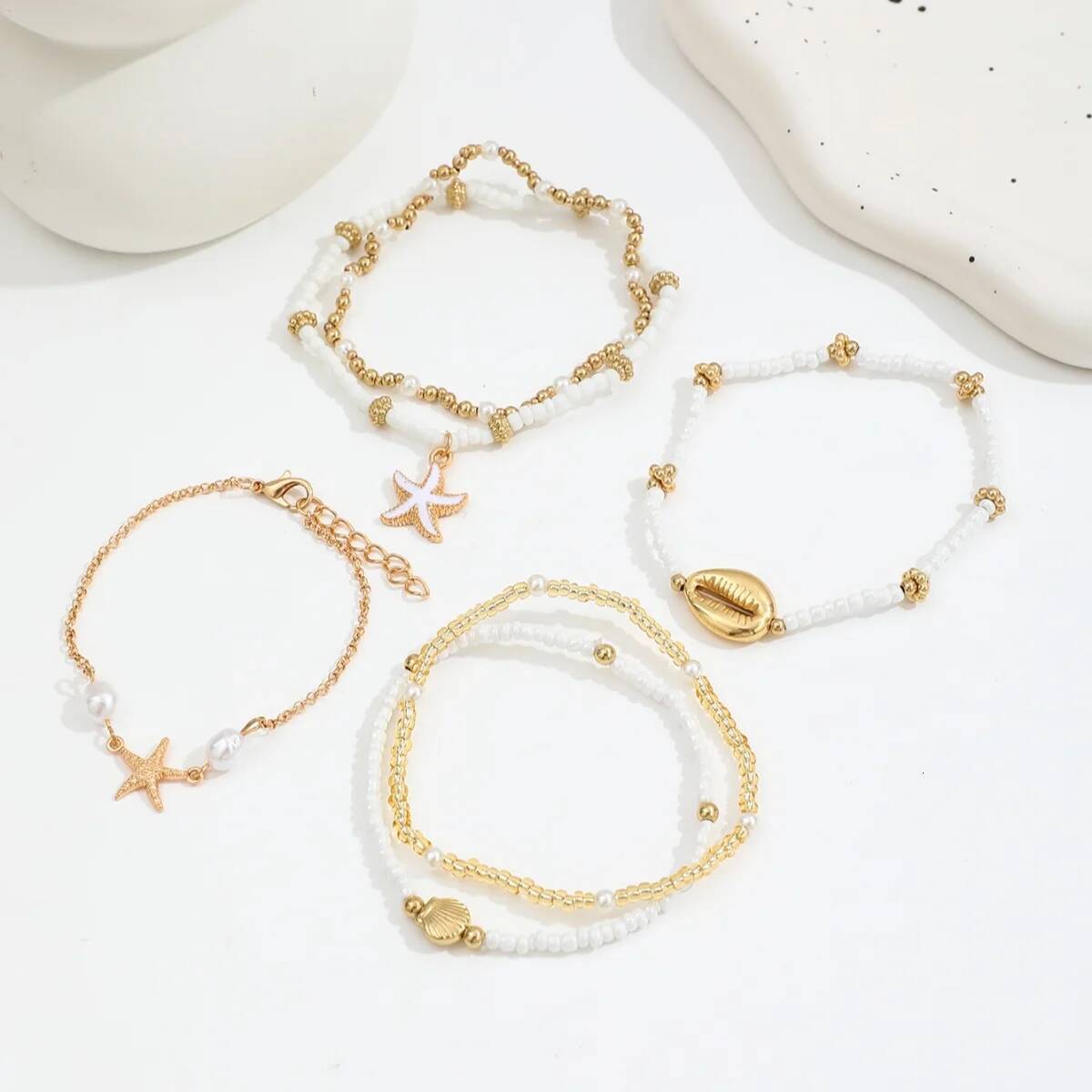 Vintage Seed Bead Stacked Bracelet Set Starfish Shell Embellishment Bracelets Elegant Women's Summer Beach Jewelry Accessories