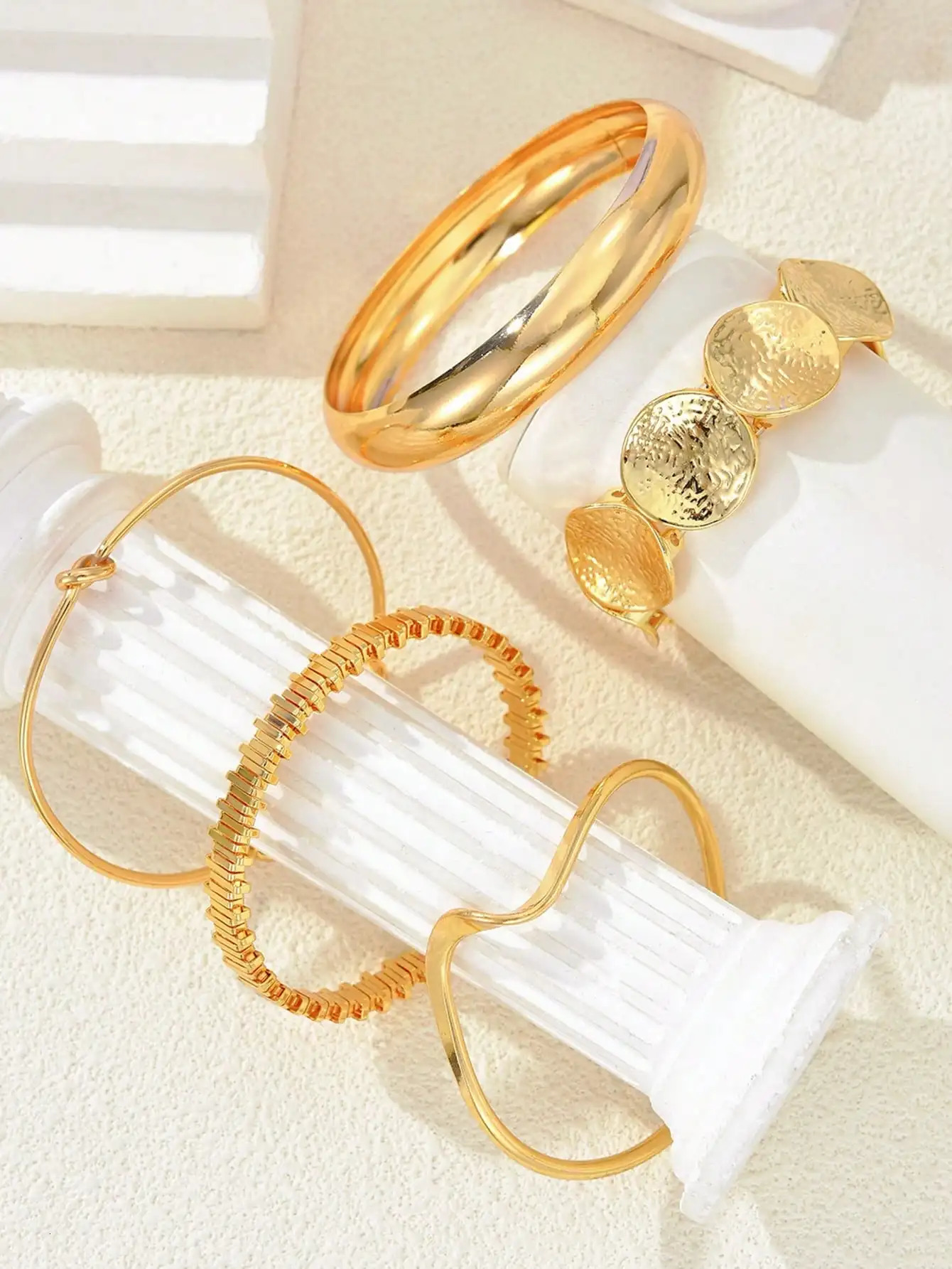 5 Pieces of Retro Exaggerated and Gorgeous Womens Bracelet Set with Geometric Wide Metal Golden Yellow Bracelet Set Suitable for Daily Vacation Party 
