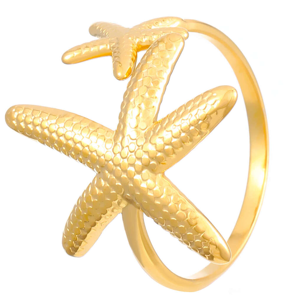 Stainless Steel Open for Women Starfish Shell Ginkgo Leaf Ring Ocean Holiday Style Jewelry
