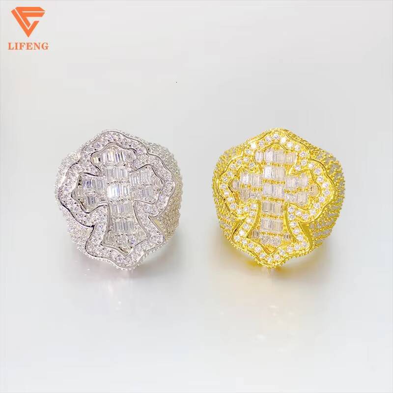 925 Sterling Silver Cross Full Moissanite Ring Hip Hop Baguette Cut Statement Jewelry Moissanite Hip Hop Ring