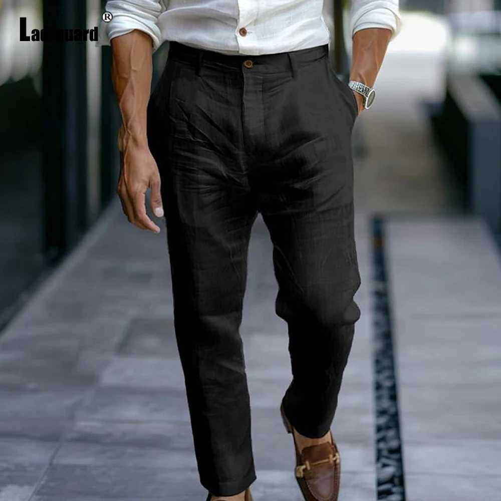 2025 Mens Stand Pocket Linen Beach Pants Solid White Trouser Plus Size Mens Casual Straight Pants Male Ankle-Length Bottoms New W250812