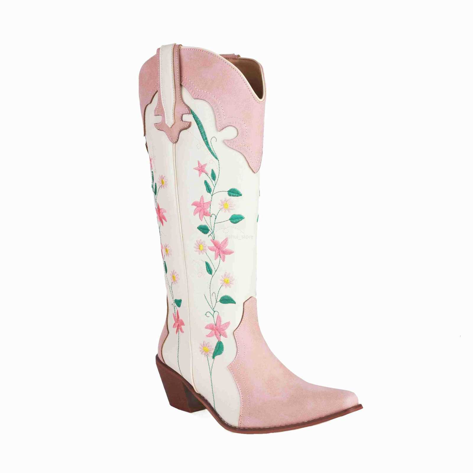 Womens Cowgirl Cosplay Boots Embroidery Floral Pink Lolita Western Cowboy Tall Booties Square Toe Knee High Chunky Heel Shoes M250812